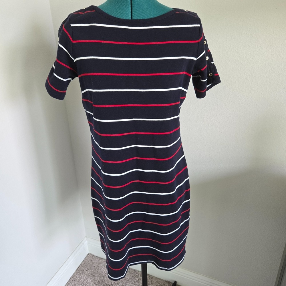 Talbots A-Line Dress Womens Size MP Navy Red White Striped Preppy Cotton